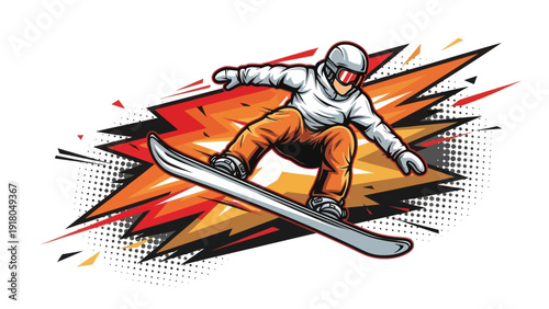 Snowboarder in action with dynamic graphic elements vector illustration