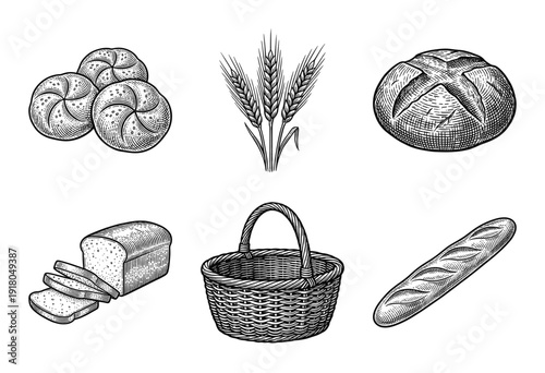 Vintage hand drawn bakery set featuring various bread types, wheat stalks, and a woven basket in a detailed woodcut engraving style.