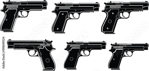 Six modern semi-automatic handgun silhouettes in black and white, viewed from various angles and perspectives