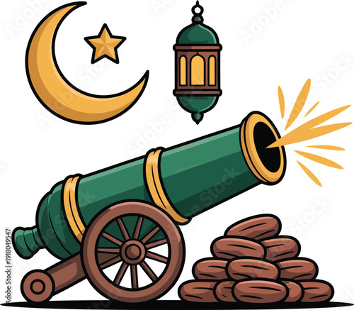 Ramadan cannon vector illustration with dates, crescent moon, star, and lantern symbolizing Islamic tradition and cultural heritage.