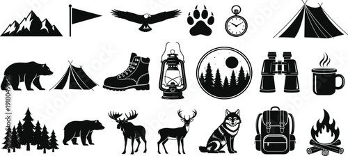 Camping and Outdoor Adventure Silhouette Icon Set Featuring Wildlife Mountains Tents and Hiking Equipment for Nature Exploration and Summer Camp Graphic Design