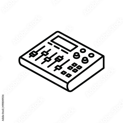 Isometric view of a vintage-style audio mixing console with various knobs and sliders