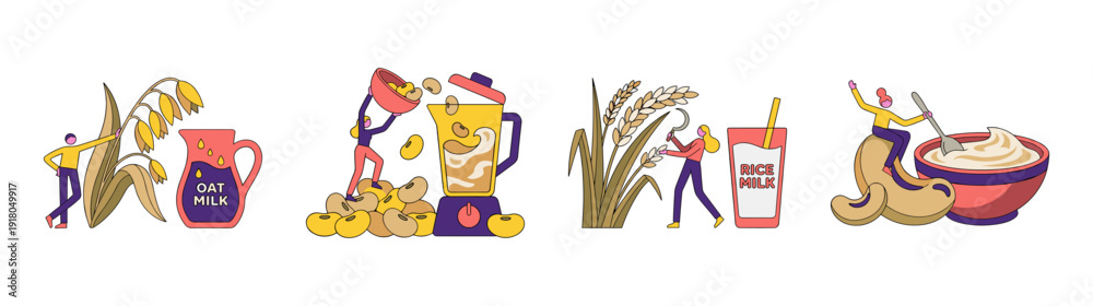 Naklejka premium Flat Vector Plant Based Dairy Alternatives Illustration Set for Vegan Lifestyle and Healthy Nutrition Design