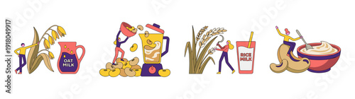 Flat Vector Plant Based Dairy Alternatives Illustration Set for Vegan Lifestyle and Healthy Nutrition Design