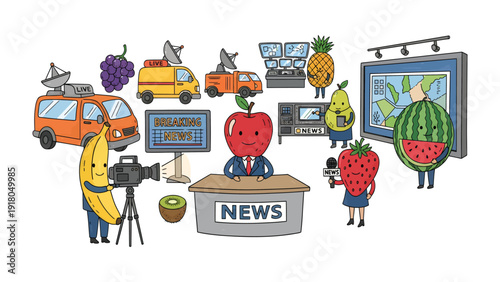 Fruits reporting the News: An array of anthropomorphic fruits gather to report and deliver news with microphones, cameras, and broadcasting devices. Capturing the essence of digital media.