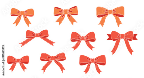 Collection of various red and orange ribbon bows on a white background