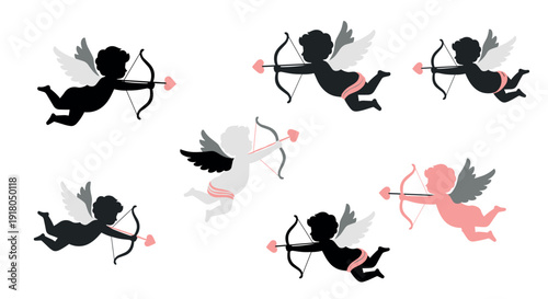 Collection of cupid silhouettes with bows and arrows, symbolizing love and romance