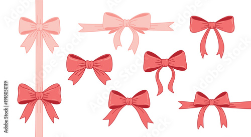 Collection of hand-drawn pink and coral bows and ribbons on a white background