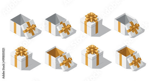 Set of white gift boxes with golden ribbons and bows in isometric view