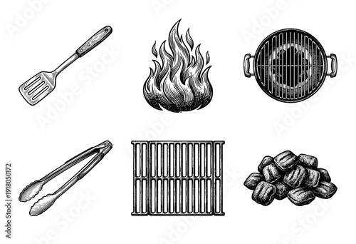 Vintage hand drawn barbecue tool collection featuring charcoal grill, spatula, tongs, wood fire flames, and briquettes in an engraved woodcut etching style.