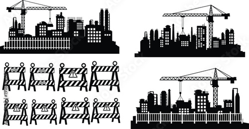 City construction skyline with tower cranes and road safety barriers silhouettes set, urban development and building site vector illustration isolated on white background