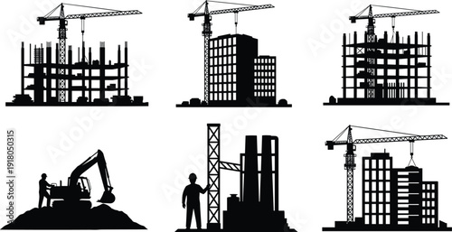 Construction building development crane and excavator silhouette vector set, urban infrastructure engineering machinery working on structural framework and industrial city projects