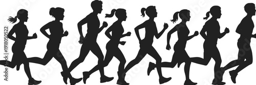 Running silhouettes group fitness teamwork, diverse athletes jogging together, healthy lifestyle exercise, marathon training, outdoor sports activity, unity movement illustration