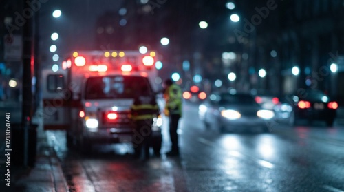Ambulance With Flashing Lights At Night Emergency Scene
