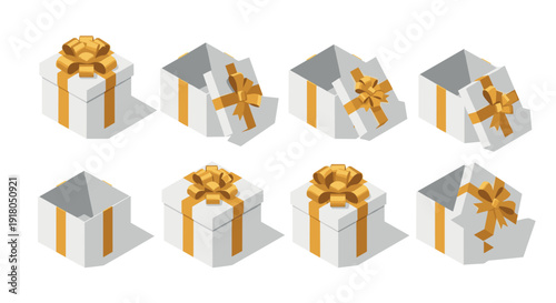 Collection of isometric white gift boxes with golden ribbons and bows