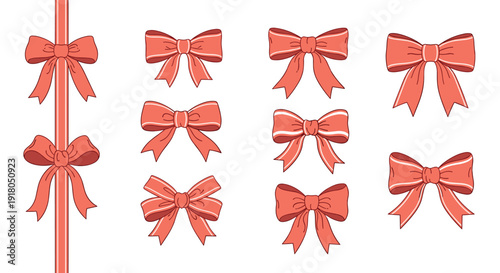 Collection of hand-drawn coral bows and ribbon elements for festive decoration