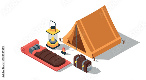 Isometric camping gear set with orange tent, sleeping bag, lantern and backpack vector illustration
