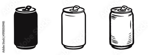 Beverage Can Icon Set: Solid, Outline, and Hand-Drawn Sketch Styles for Refreshment and Packaging