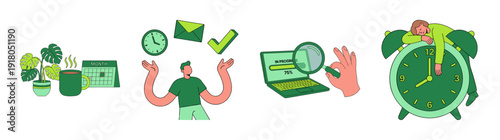 Flat Vector Productivity and Time Management Element Kit for Corporate Workflow and Mental Health Awareness