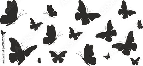 Black butterfly silhouettes flying in motion, elegant insect pattern design, decorative nature background, abstract freedom concept, transformation art illustration