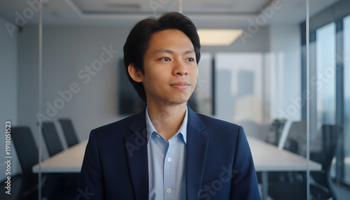 Wallpaper Mural Young businessman in suit looks forward in modern office boardroom showing ambition leadership and professional success Torontodigital.ca