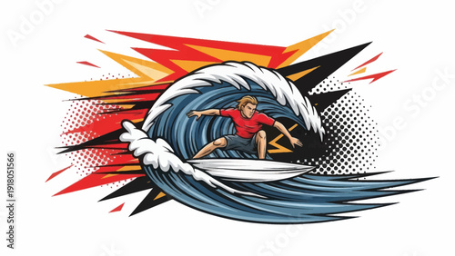 Surfer riding ocean wave illustration vector art for action and adventure