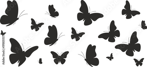 Black silhouette butterflies flying in motion, decorative insect pattern design, nature inspired artwork, abstract butterfly shapes, white background illustration