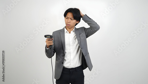 Barcode scanner perplexity Asian businessman contemplates in gray suit against plain backdrop with perplexed expression and hand to head