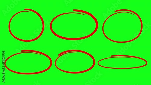 Hand drawn circles in red marker, set of 6 with a green screen background 