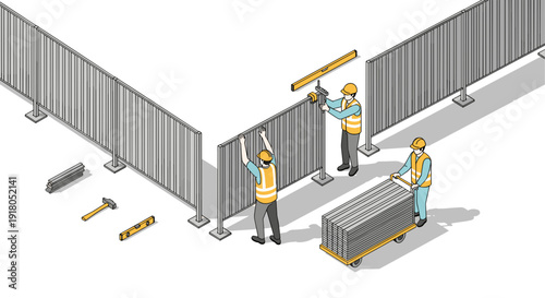 Construction Workers Assembling Metal Fence Panels.