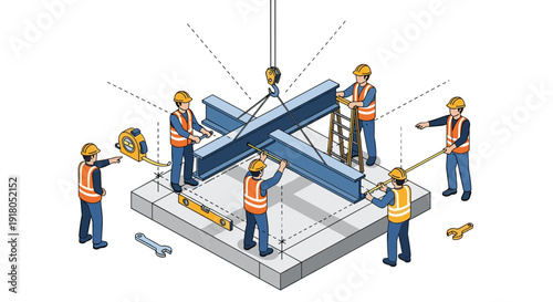 Construction Workers Assembling Metal Beam Structure.