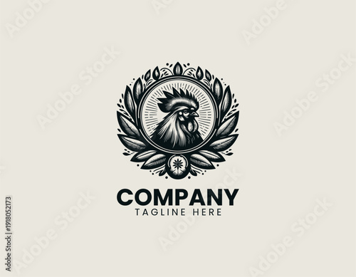 Rooster's head in detail, framed with decorative leaves and circular elements black vector logo illustration white background