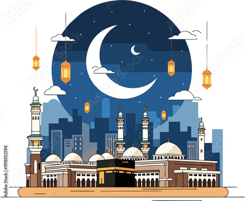 Flat vector illustration of holy Kaaba and mosque at night