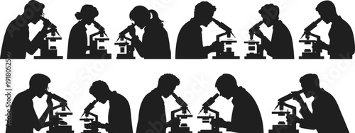 Scientist Silhouette Set Featuring Male And Female Researchers Using Microscopes For Laboratory Experiments Medical Research Science Education Biological Analysis Healthcare Innovation And Pharmacy