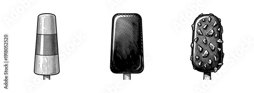 Set of three frozen ice cream bar treats illustrated in a vintage black and white woodcut engraving style