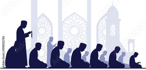 Silhouette of Muslim Men Praying Together in a Mosque