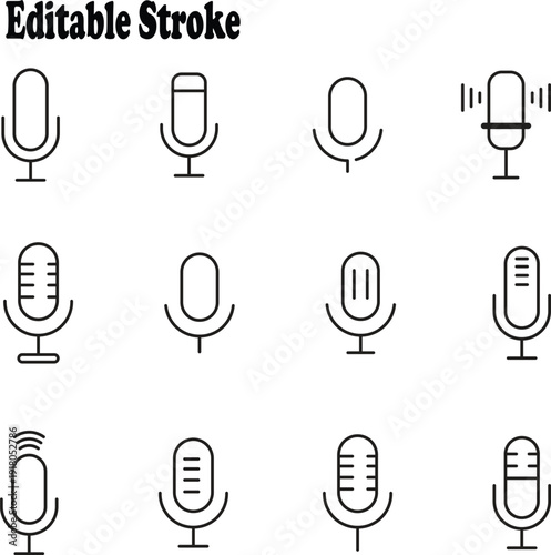 Editable stroke microphone icons set silhouette.