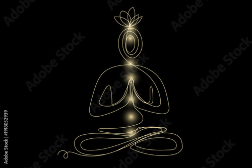 Line Art Yoga. Sport Fitness Class Isolated Logo Symbol. Abstract Outline Body Symbol with Golden Shine Fitness Center Advertising Flyer, Card, Invitation. Healthy Lifestyle and Mental Health Theme.	