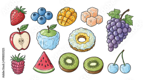 Colorful Fruit Collection: A vibrant assortment of delicious fruits, each one meticulously illustrated with rich details and a playful style, enticing the eye and tempting the taste buds. 