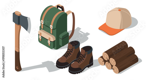 Outdoor adventure gear including an axe, backpack, boots, cap, and firewood logs
