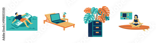 Flat Vector Remote Work and Wellness Graphic Set for Digital Nomad Lifestyle and Mental Health Balance