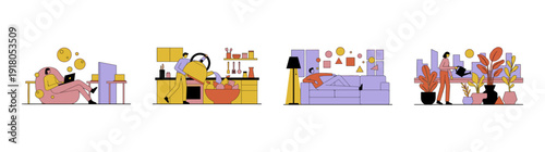 Flat Vector Modern Lifestyle Scenes Graphic Set for Work Life Balance and Home Comfort