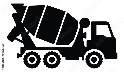Black silhouette of cement mixer truck on white background