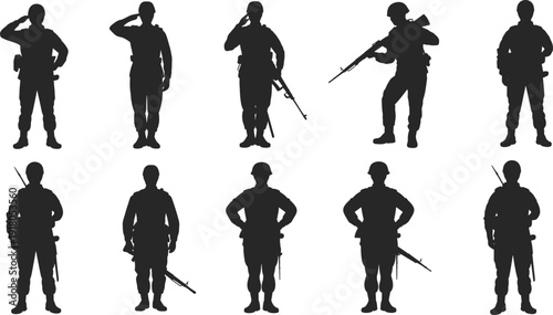 Silhouette soldiers, military personnel, army figures, saluting troops, rifle poses, combat readiness, defense force, tactical stance, patriotic warriors, uniformed heroes