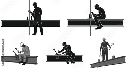 Construction workers on scaffolding and tower crane silhouettes set, building site labor and industrial construction vector illustration isolated on white background