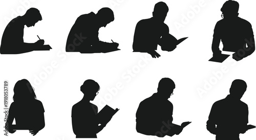 Silhouette people reading, writing, studying, working, education concept, students learning, digital tablet, books, concentration, knowledge, intellectual activity