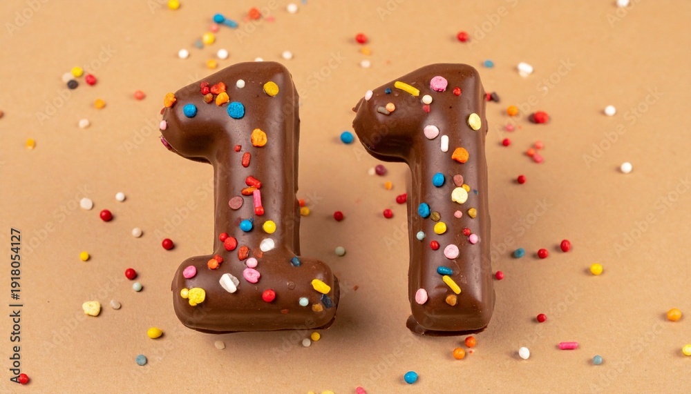 Naklejka premium Chocolate Number Eleven Birthday Cake Topper with Colorful Sprinkles on a Warm Tan Background