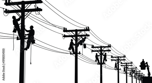 Electric line workers repairing power lines on utility poles silhouettes, electricity distribution maintenance vector illustration, energy infrastructure service concept isolated on white background