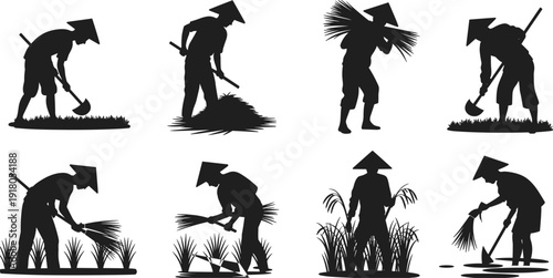 Traditional rice farming silhouettes, farmers with conical hats, planting rice, harvesting crops, agricultural labor, rural culture, Asian agriculture illustration