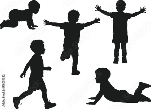 Children silhouettes crawling, running, standing, walking, lying, playful kids activity, childhood development stages, dynamic poses, energetic movement, happy lifestyle